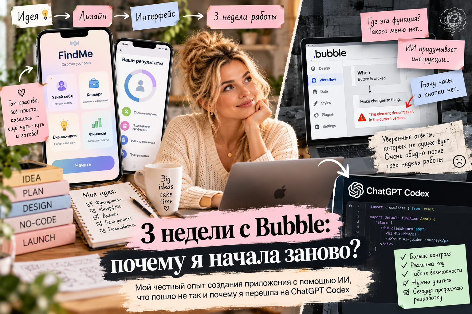 Обложка статьи о трёх неделях создания приложения в Bubble и переходе к ChatGPT Codex
